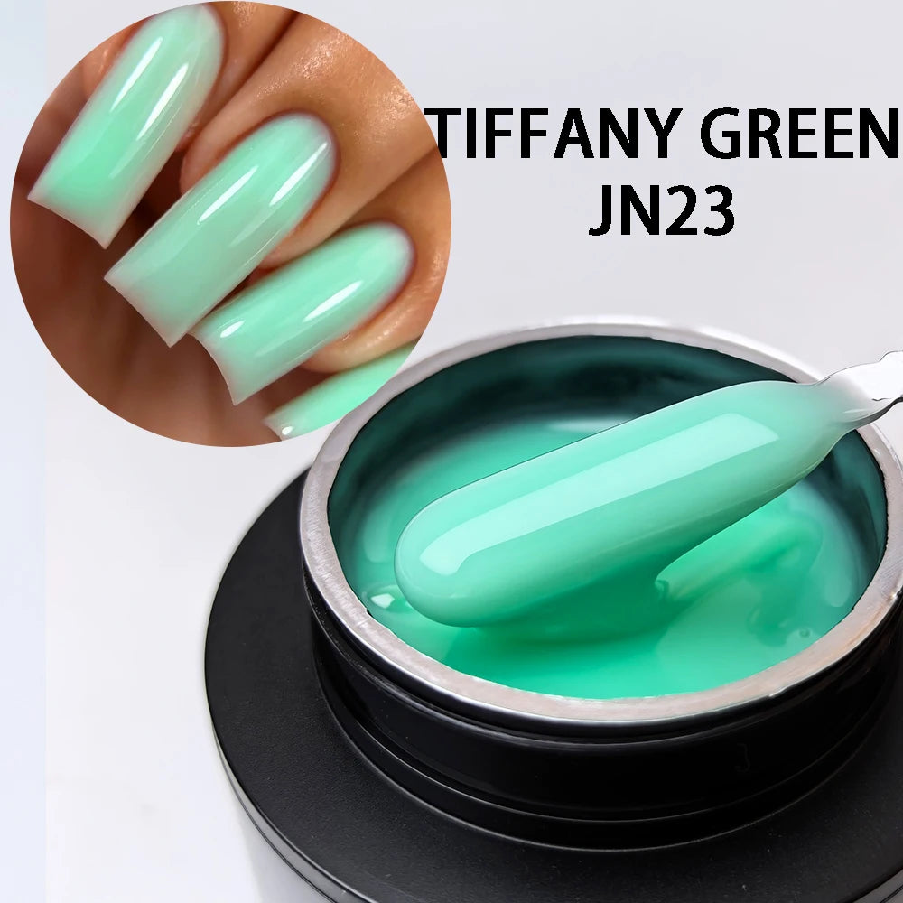 Constructeur de gel Tiffany Green JN23, monté en pot et sur les ongles