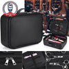 A black professional barber tool storage bag shown with an open compartment displaying various grooming tools and accessories