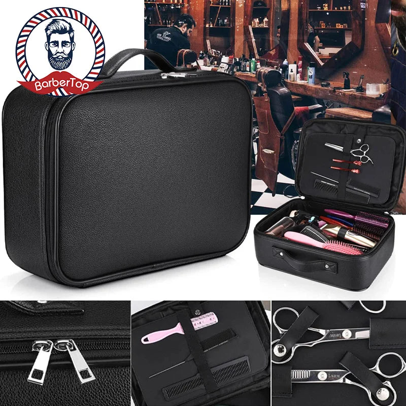 A black professional barber tool storage bag shown with an open compartment displaying various grooming tools and accessories