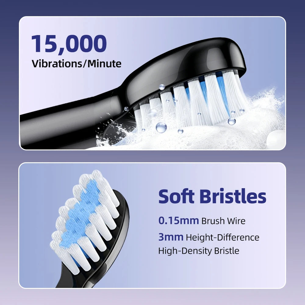 Close-up of a black electric toothbrush with soft bristles generating a foam spray.