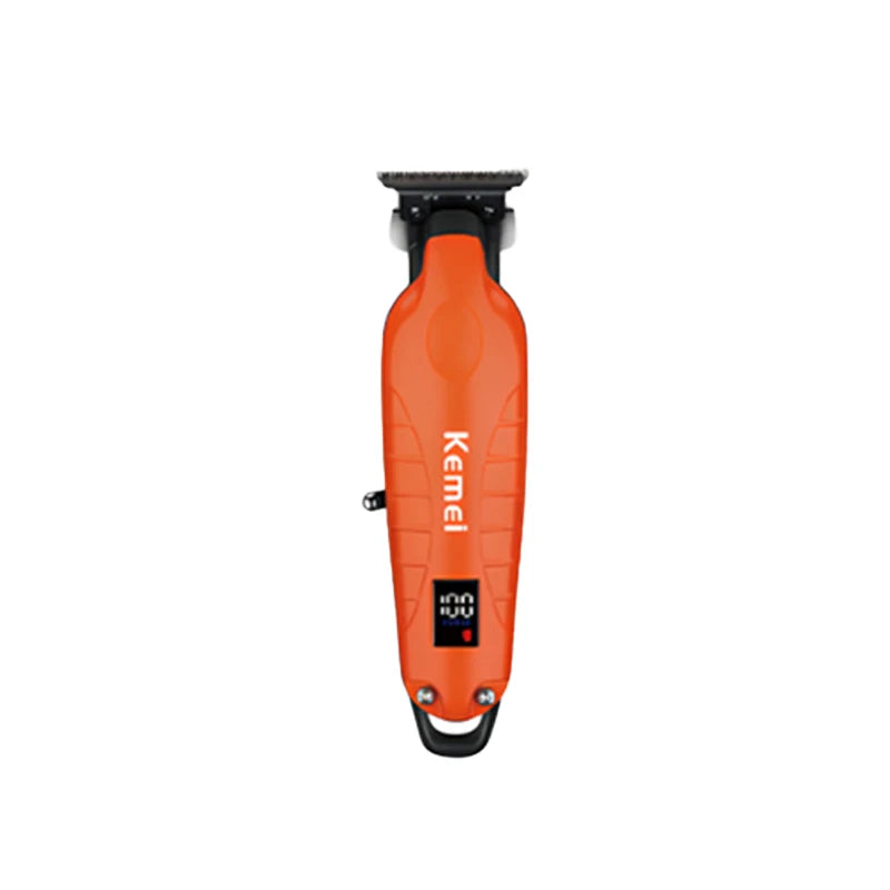 Orange professional cordless hair trimmer for men with a black guard and battery.