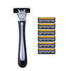 Stainless steel safety razor with replaceable triple-blade head and multiple shaving foils.