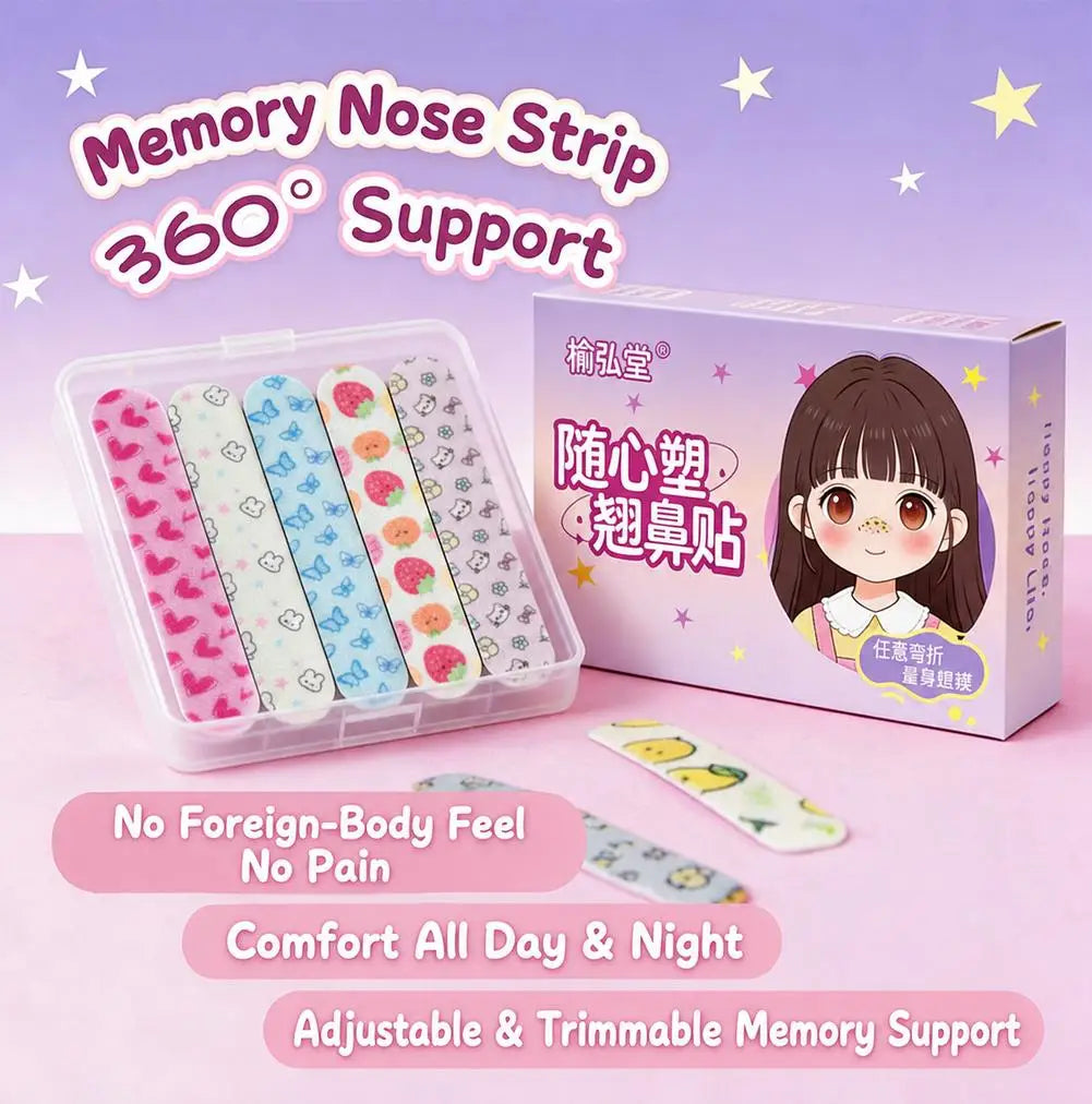 A box and clear container of memory nose strips with 360 degree support for invisible nose lifting.