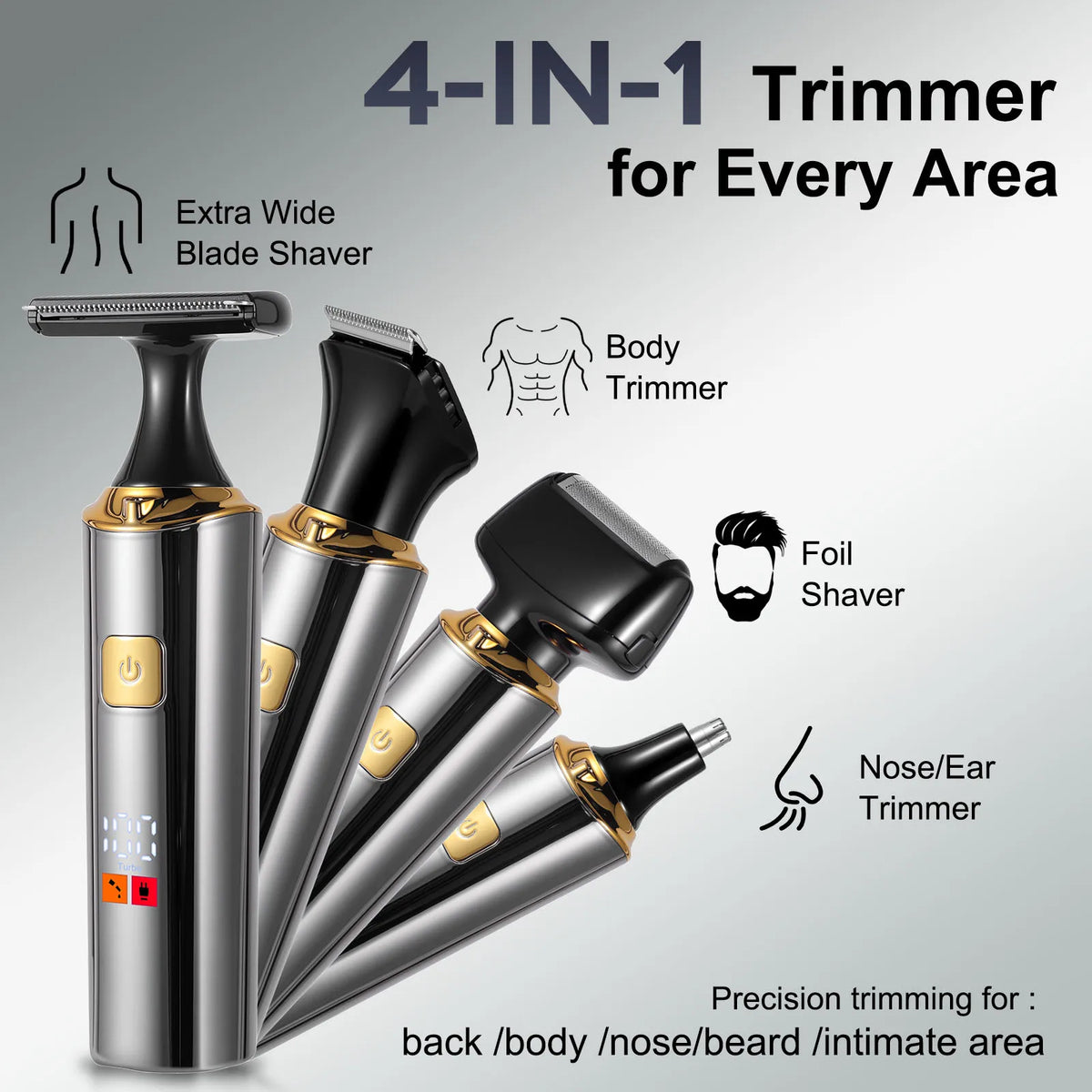A 4-in-1 trimmer set showing a body trimmer, foil shaver, and nose/ear trimmer for precision grooming.