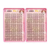 A pair of pink eyelash extension strips with various lengths and styles displayed in a packaging box.