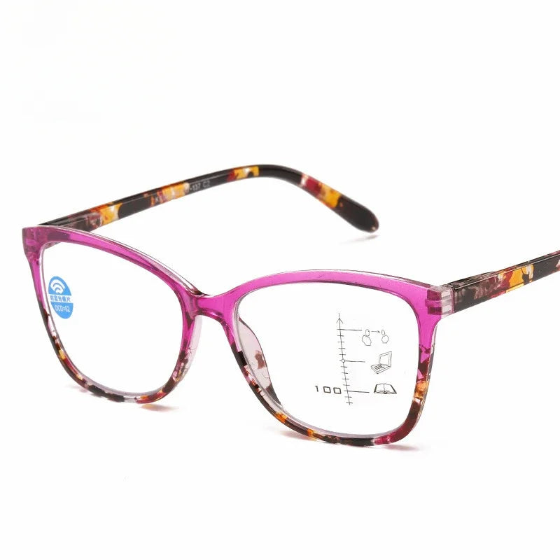 A pair of purple-tinted progressive multifocal reading glasses with anti-blue light protection