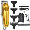 A set of professional rechargeable electric hair clippers including a body, various guards, and a power cord.
