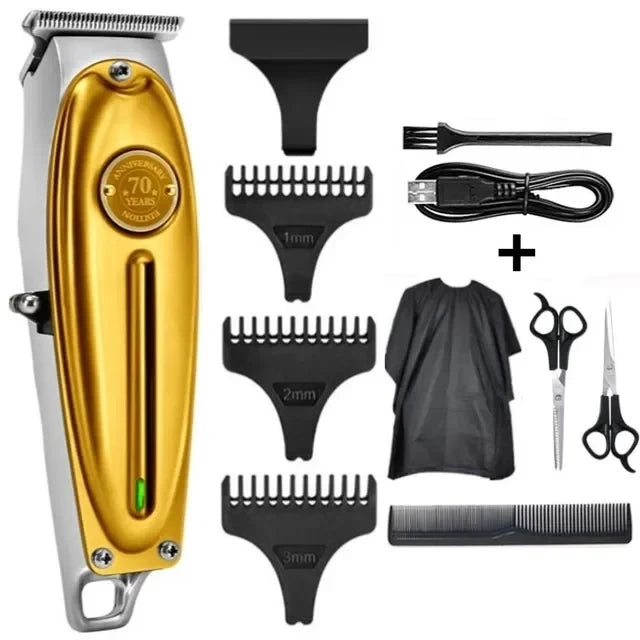 A set of professional rechargeable electric hair clippers including a body, various guards, and a power cord.