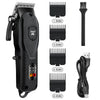 A black professional electric hair clipper set showing various interchangeable cutting combs and attachments.