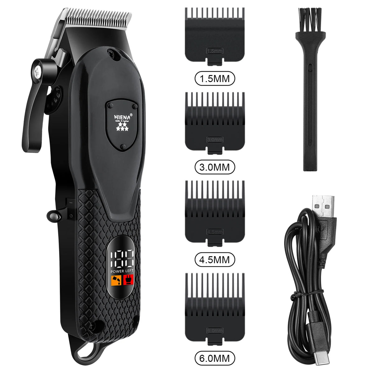 A black professional electric hair clipper set showing various interchangeable cutting combs and attachments.