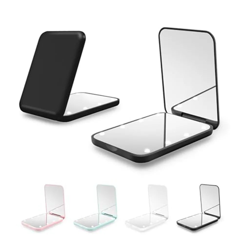 A set of foldable compact LED makeup mirrors shown in various angles and configurations.