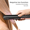 A hand is using a black and rose gold ceramic flat iron hair straightener on blonde hair to smooth frizz and make hair soft.