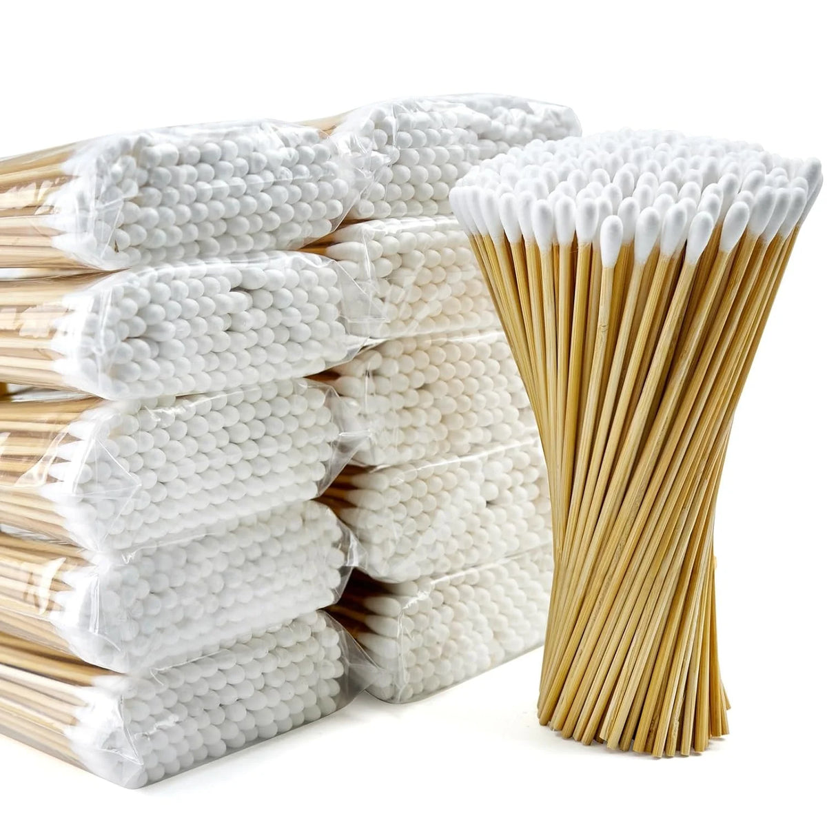 A stack of precision wooden cotton swabs with white cotton tips.