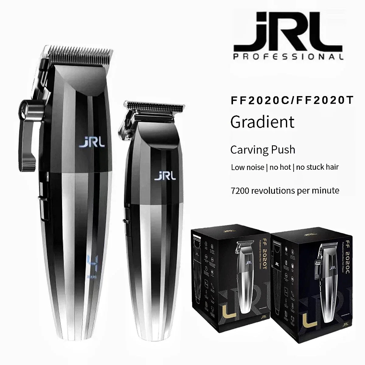 JRL Professional FF2020C/FF2020T Gradient carving push rotary hair clipper in black and silver.