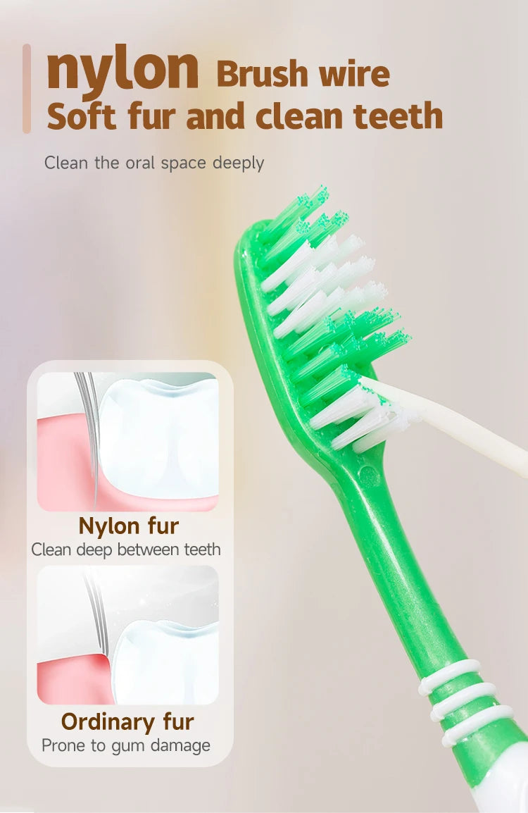 Brosse à dents avec fil en nylon verte à côté d'un diagramme comparant la fourrure de nylon et la fourrure ordinaire pour net