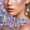 Gros plan d'une mannequin avec maquillage pailleté et accessoires de perles pour Mardi Gras