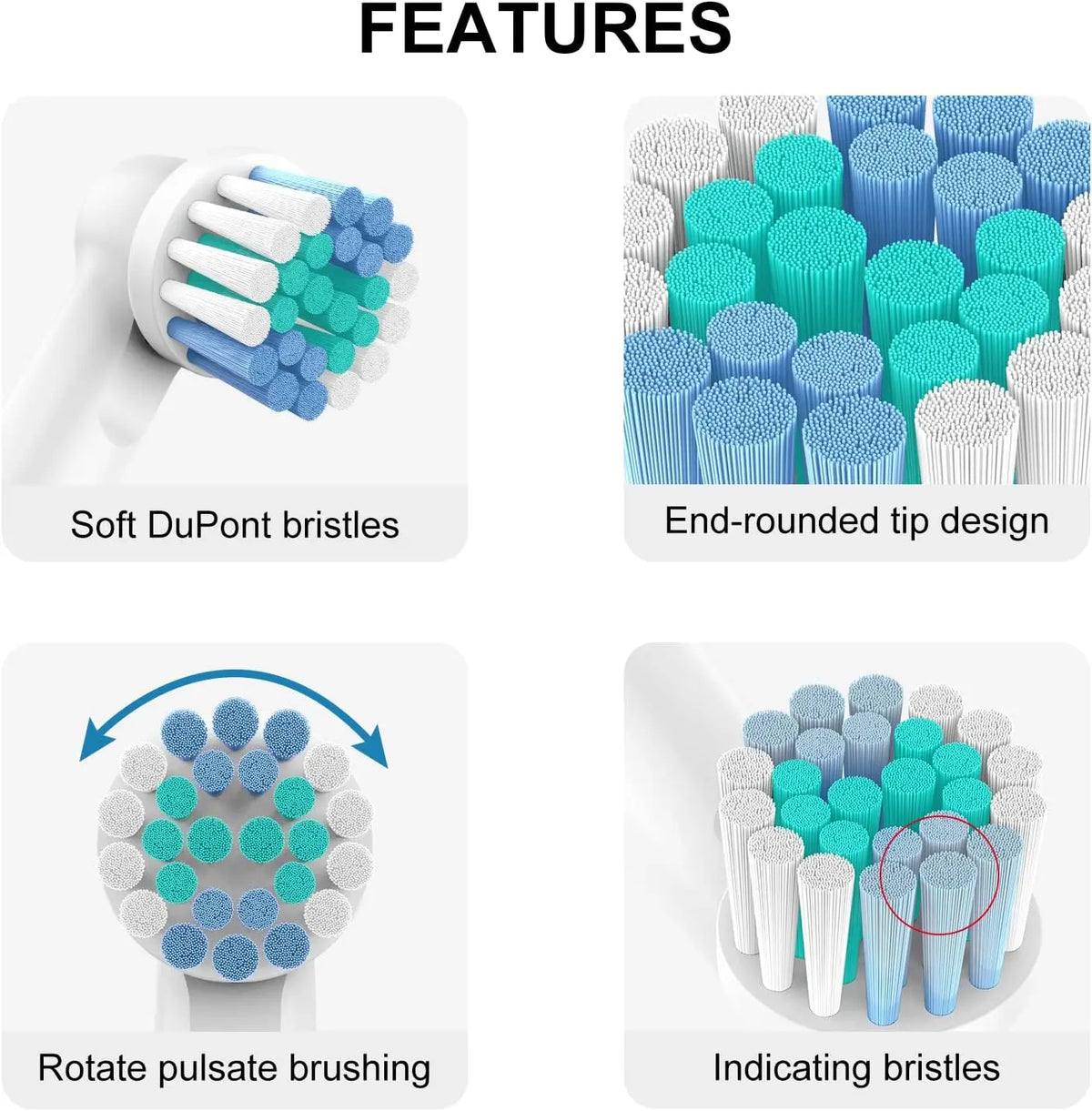 Various brush heads including soft DuPont bristles, end-rounded tips, rotate pulse brushing, and indicating bristles.