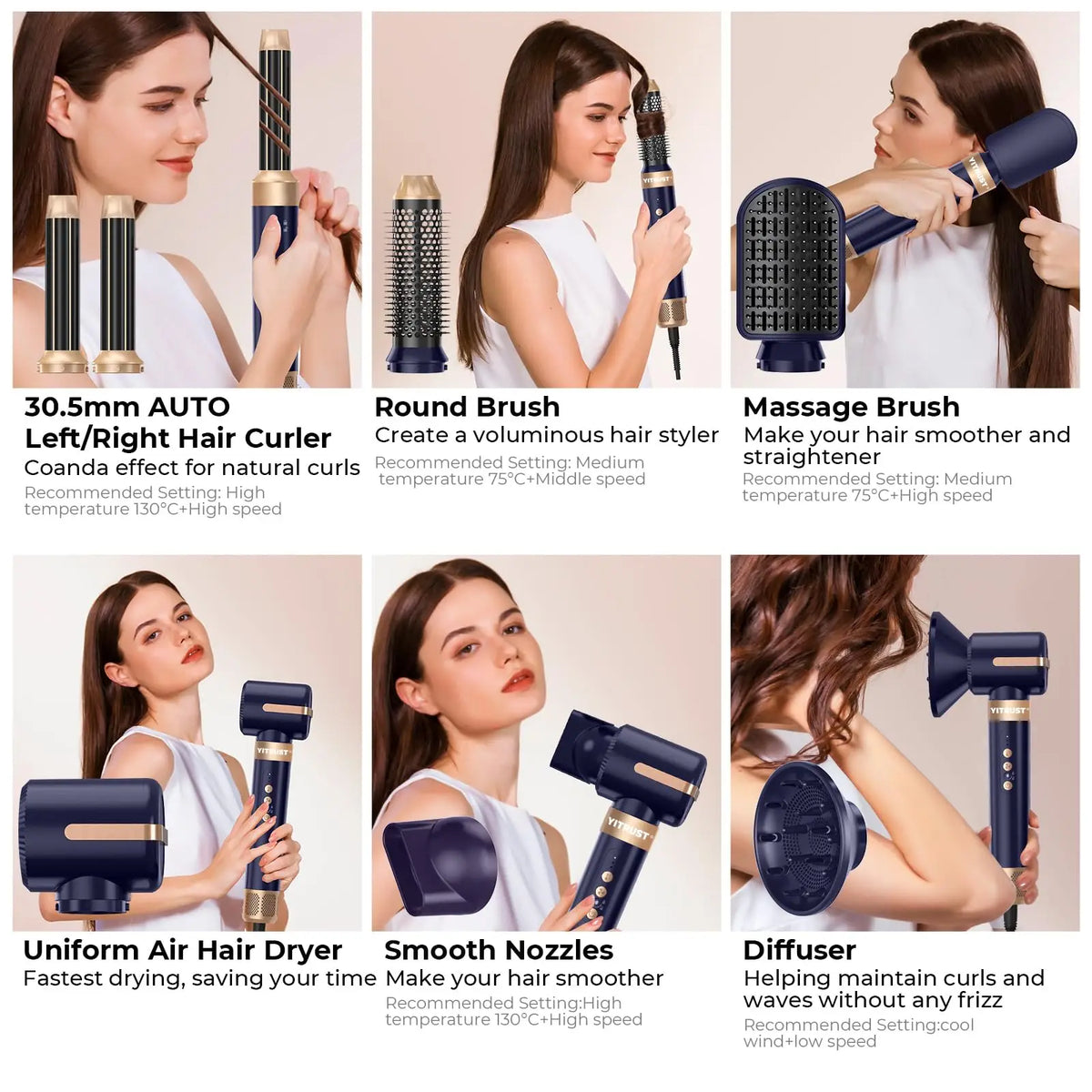 A collection of hair styling tools including a curler, brush, and massager used for various hair treatments.
