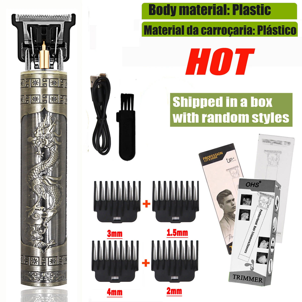 A set of electric hair trimmers with various guard sizes including 3mm, 1.5mm, 4mm, and 2mm combs.