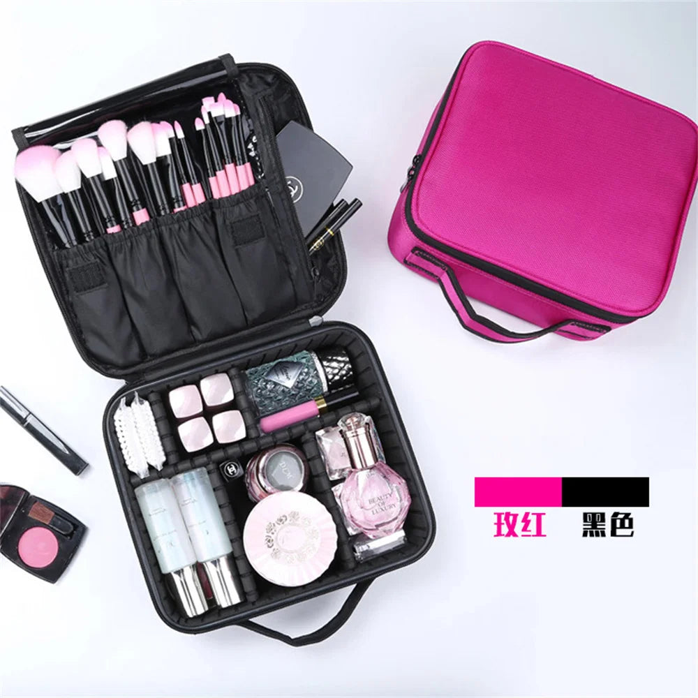 A pink portable makeup organizer bag with adjustable dividers, showing brushes and cosmetic products.