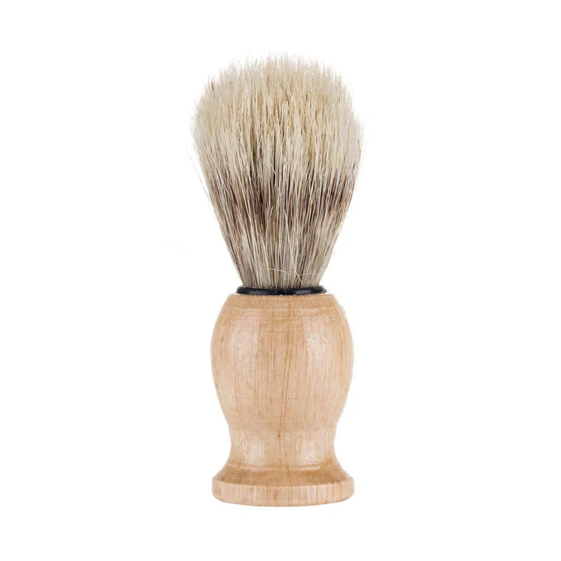 Juego de afeitar y cepillo facial de barba de madera con cabezal de cerdas naturales.