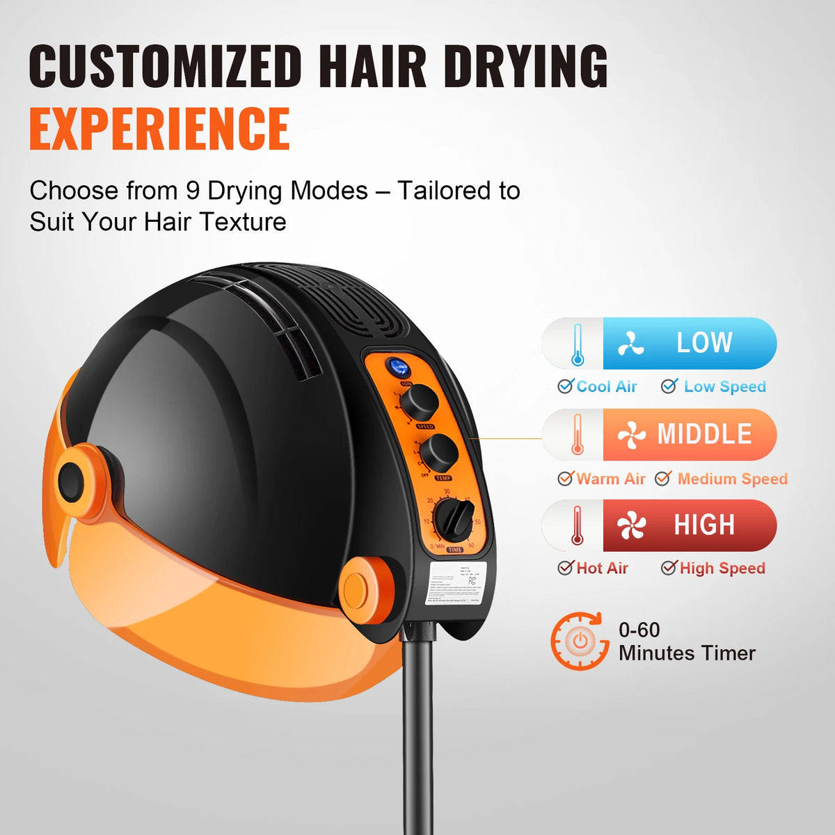 An orange and black ionic hooded hair dryer is shown with adjustable settings for low, middle, and high heat and speed.