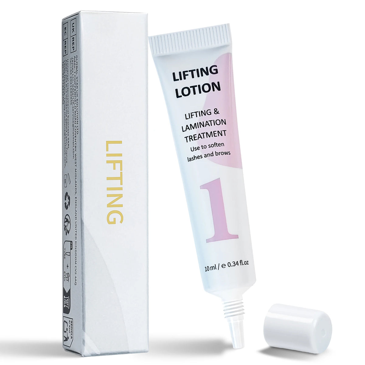 Bouteille blanche de lotion de lifting et de lamination à côté d'un tube et d'un rouleau blancs.