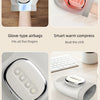 Various views of an electric hand massager including glove-type airbags, a smart warm compress, and a control panel.