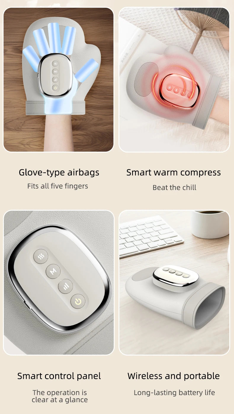 Various views of an electric hand massager including glove-type airbags, a smart warm compress, and a control panel.