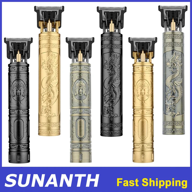 A set of five vintage cordless hair cutting and trimmer attachments in gold and black finishes.