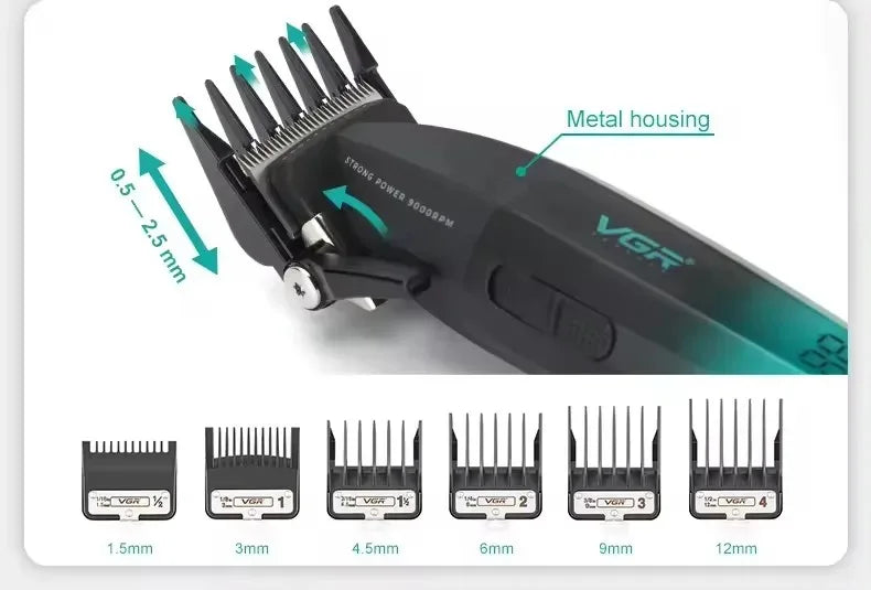 A black VGR professional cordless hair trimmer set showing various guard sizes from 1.5mm to 12mm.