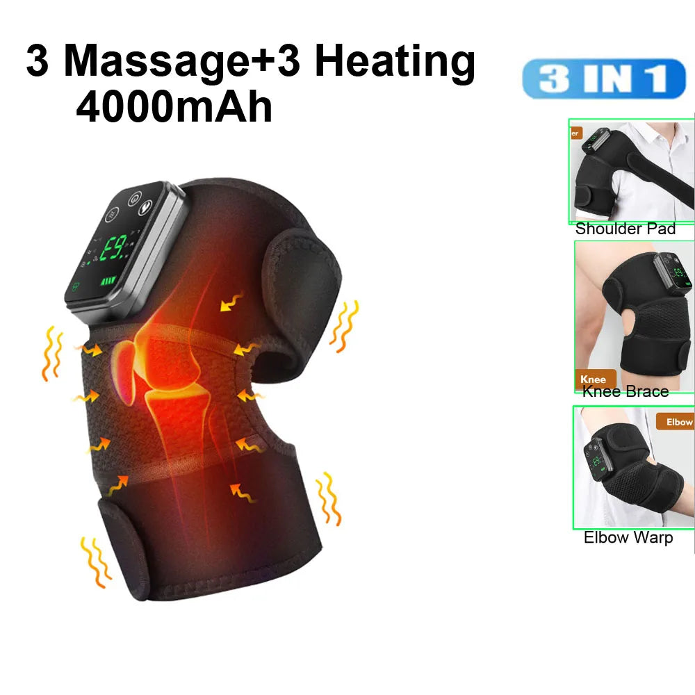 A black massage and heating therapy pad device with three attachments for shoulder, knee, and elbow.