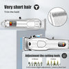 A silver cordless hair clipper trimmer with adjustable cutting tools and a close-up view of the blades.