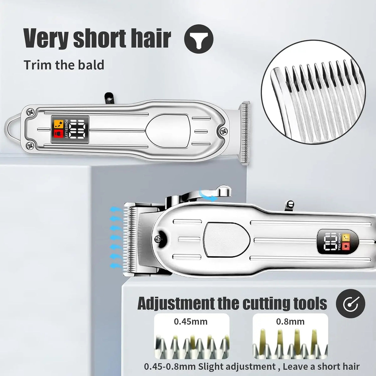 A silver cordless hair clipper trimmer with adjustable cutting tools and a close-up view of the blades.