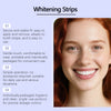 Close-up of a woman smiling, showing teeth, with whitening strips visible on her smile.