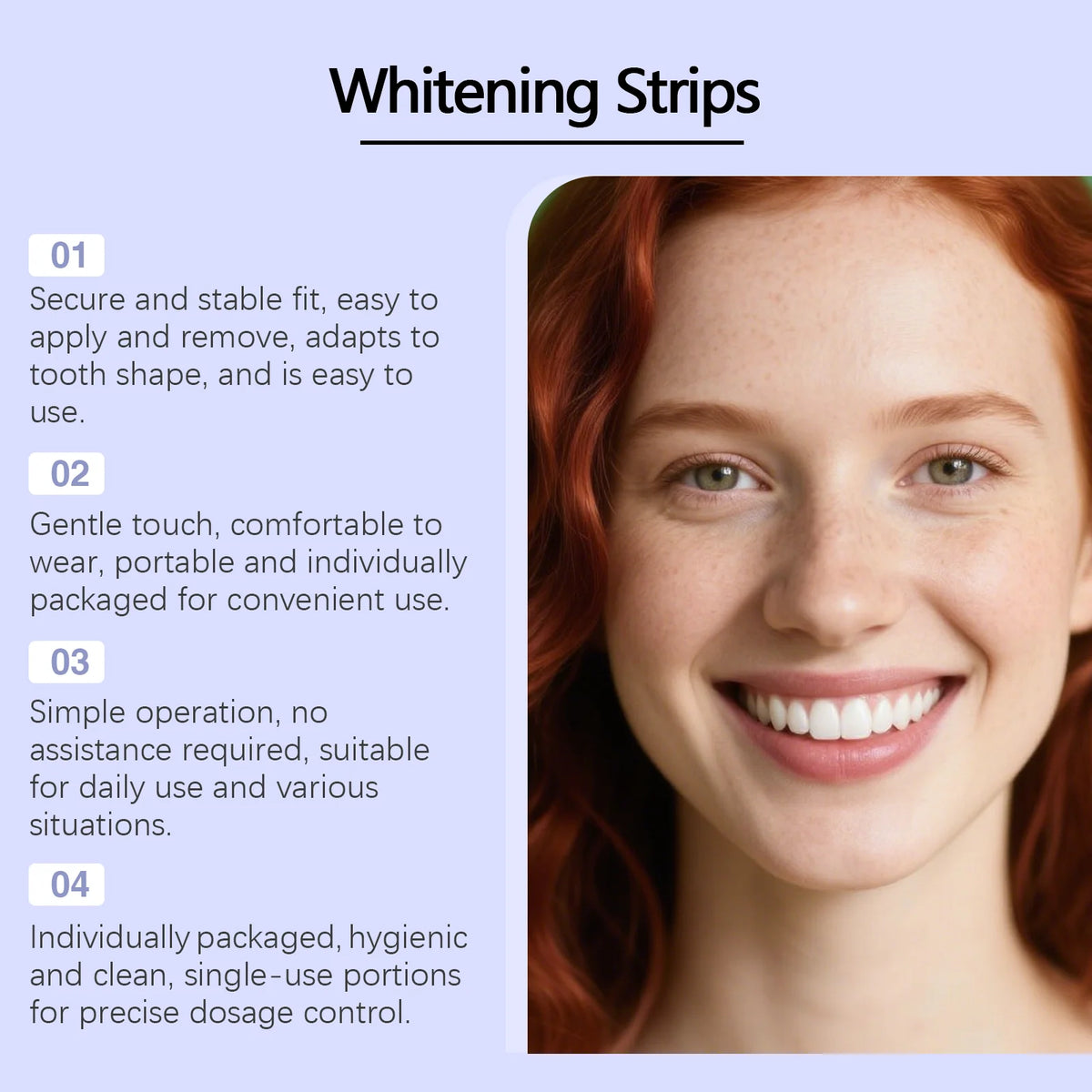 Close-up of a woman smiling, showing teeth, with whitening strips visible on her smile.