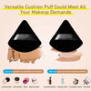 A black triangular velvet powder puff shown next to various makeup products like liquid foundation and concealer.