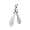 Stainless steel nail clipper with a silver body and white grip shown against a white background.