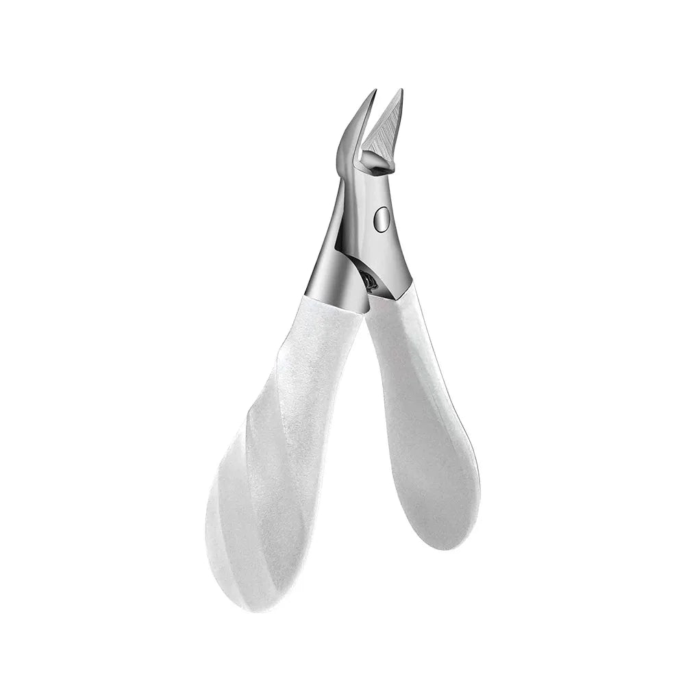 Stainless steel nail clipper with a silver body and white grip shown against a white background.