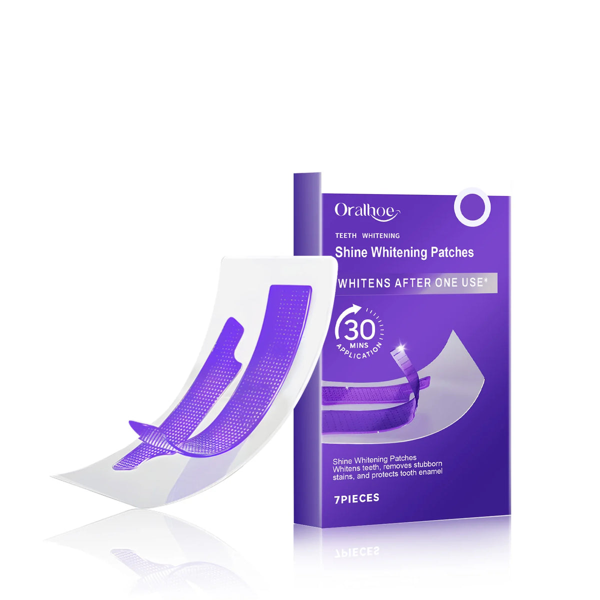 Oralhoe Shine Whitening Patches in a purple box showing the product and usage instructions