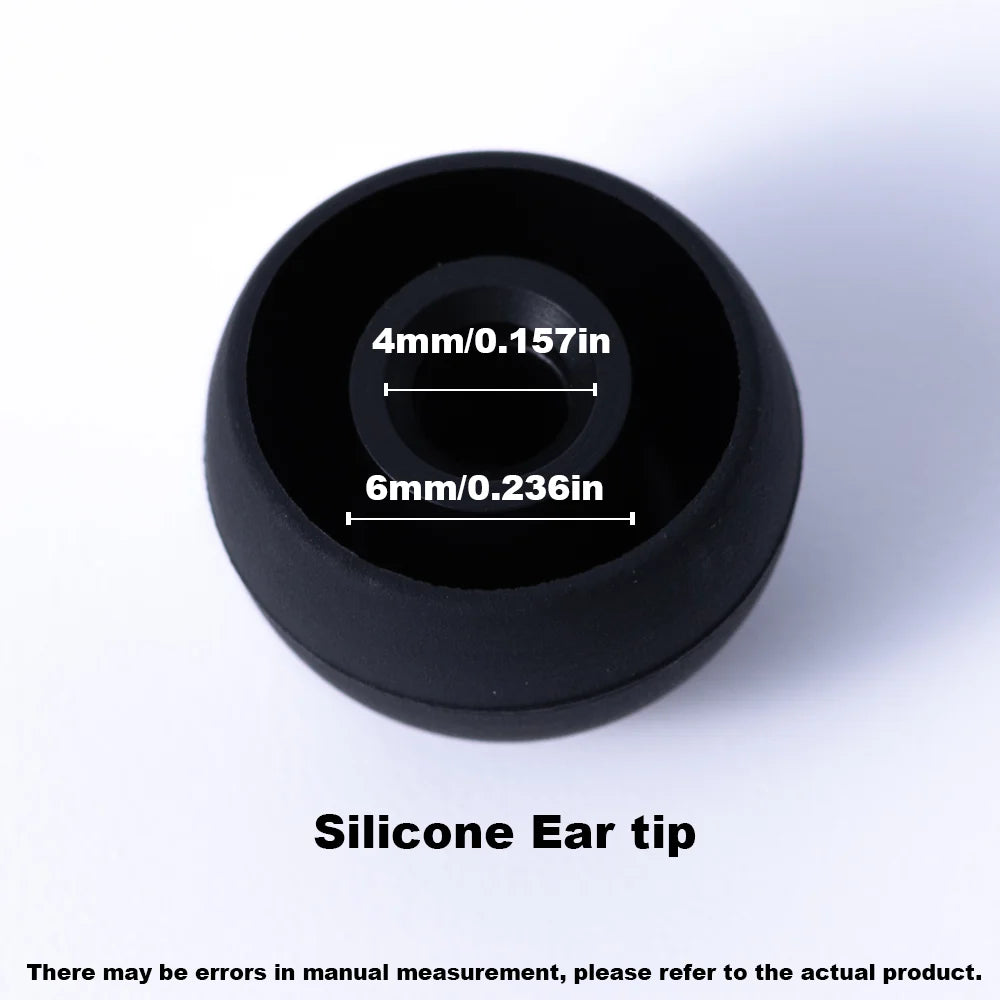 Black silicone ear tip with measurements indicating 4mm and 6mm diameter.