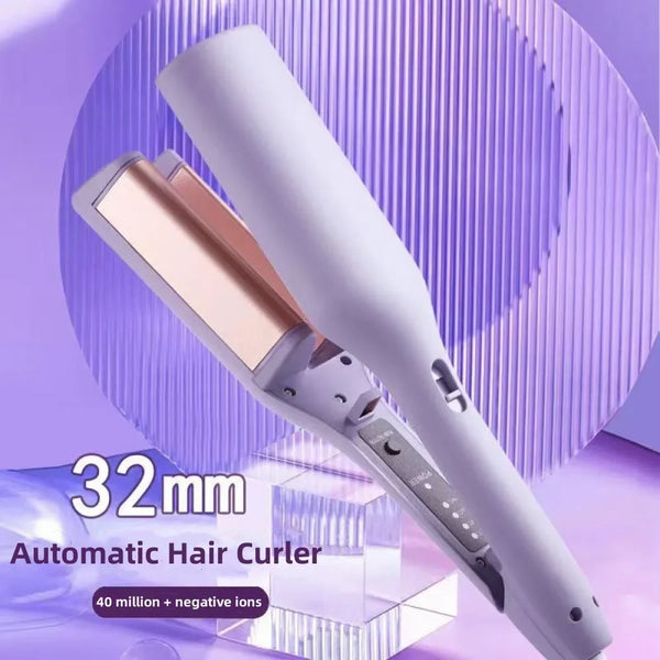 A white automatic hair curler with a rose gold barrel is shown against a purple background.