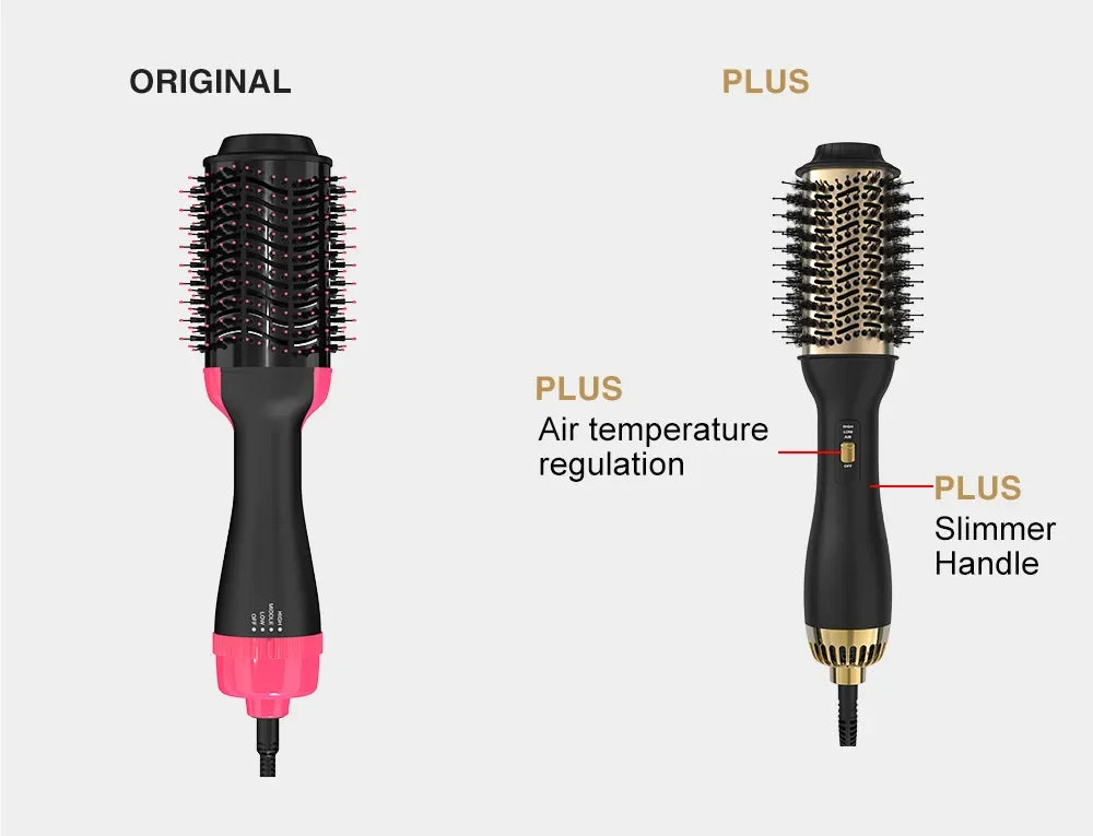 Comparison of an original professional hair blow dryer brush and a plus version with air temperature regulation and a slimmer