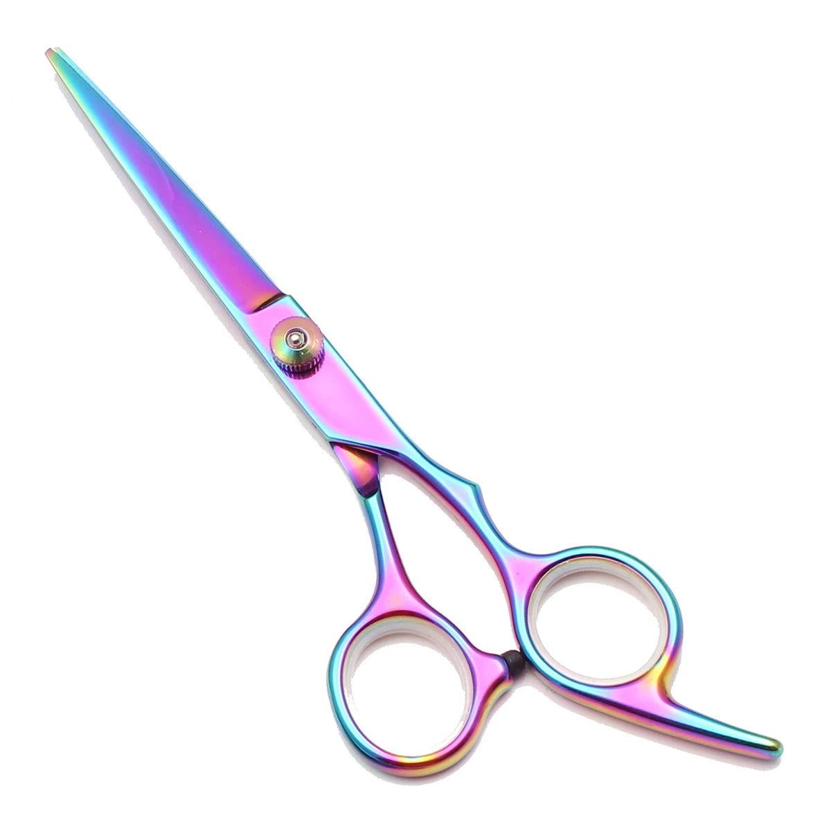 A pair of professional stainless steel hairdressing scissors with a iridescent purple and blue finish.