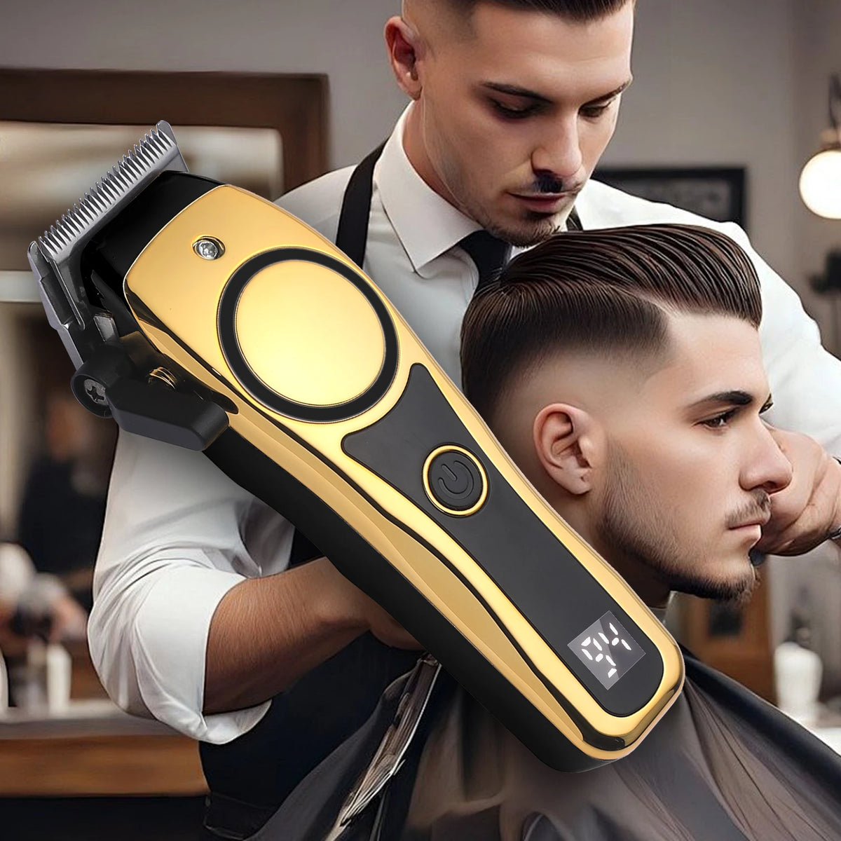 A man is using a professional gold and black LCD hair clipper set to style a haircut.