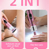 A pink electric tool is shown being used to exfoliate dead skin on the foot and file the nails.