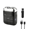 A black dual-head rechargeable electric beard trimmer with detachable guards and charging cable.