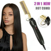 A black 2 in 1 hot comb hair tool with a gold attachment shown next to a woman's hair.