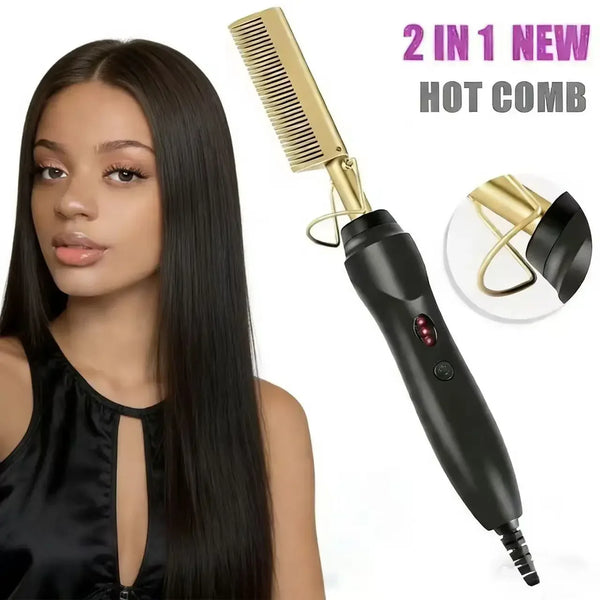 Herramienta de peinado de dos en uno negra con accesorio dorado junto al cabello de una mujer.