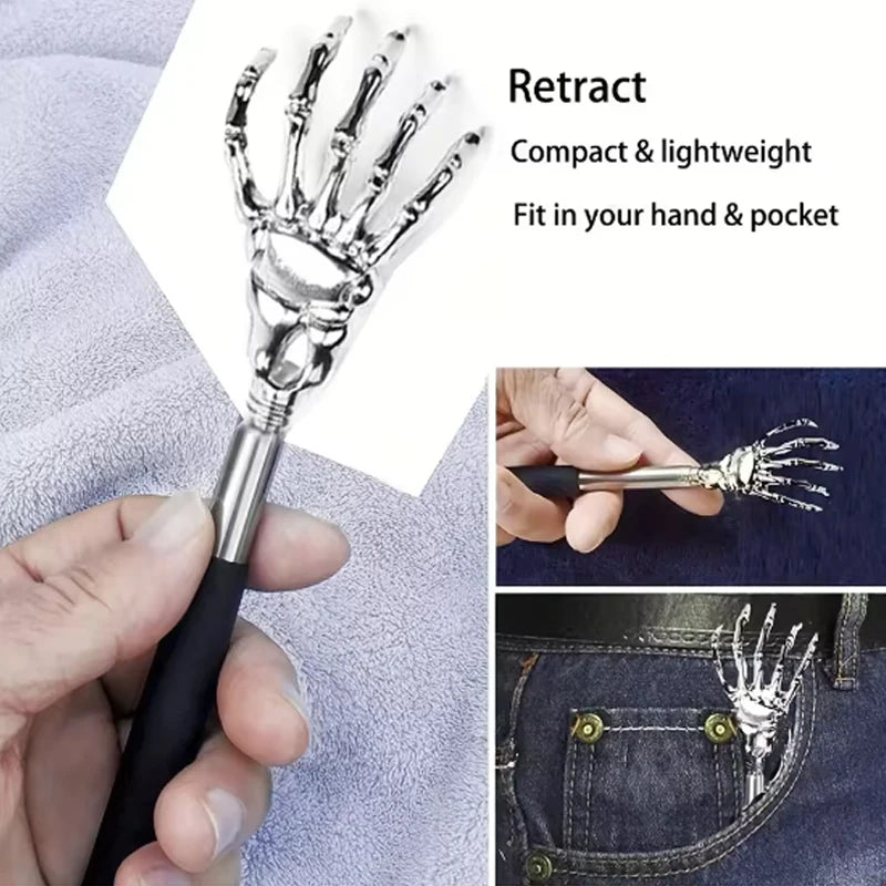 Stainless steel telescoping back massager shown being held and fitting into a pocket.